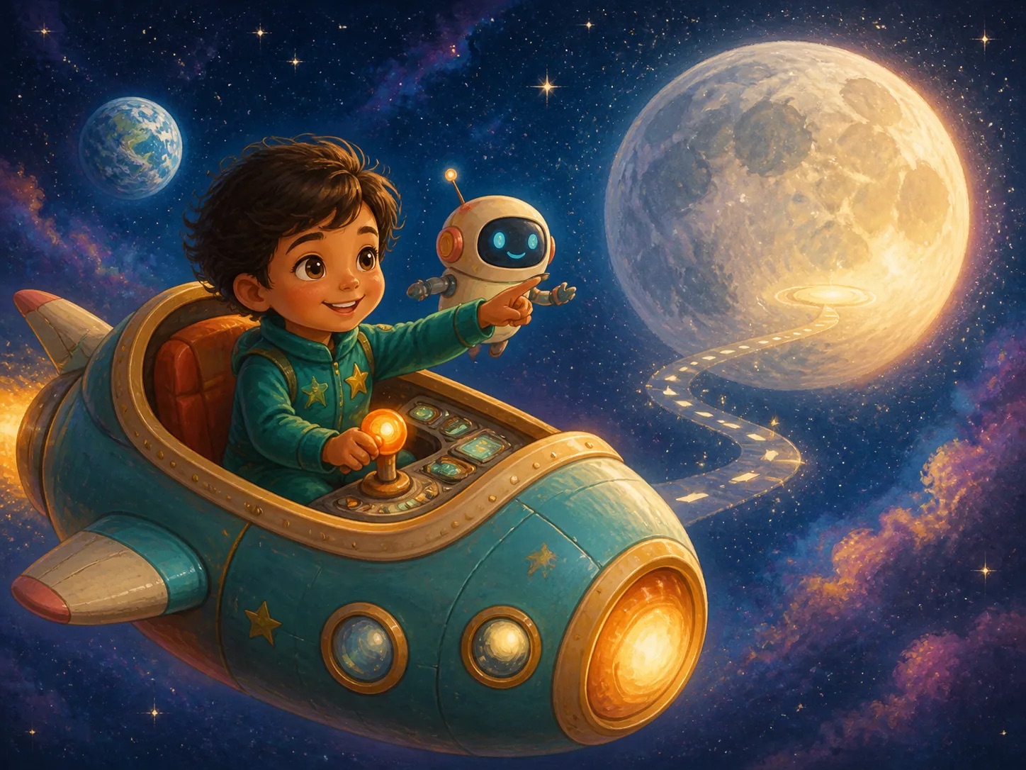 Illustration from Alex's Journey to the Moon, a space & science story for kids