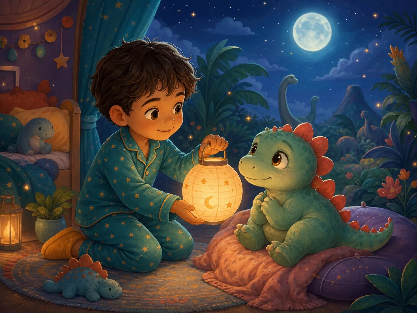 Illustration from Alex and the Little Dinosaur Who Couldn't Sleep, a bedtime & dreams story for kids